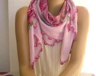 pink turkish scrarf, crochet trim, oya scarf