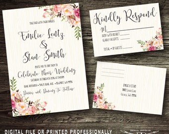 Rustic Wedding Invitation SET | Wood Wedding Invitation | Printed Invite | Printable Digital File DIY | Light Wood Floral Wedding Invitation