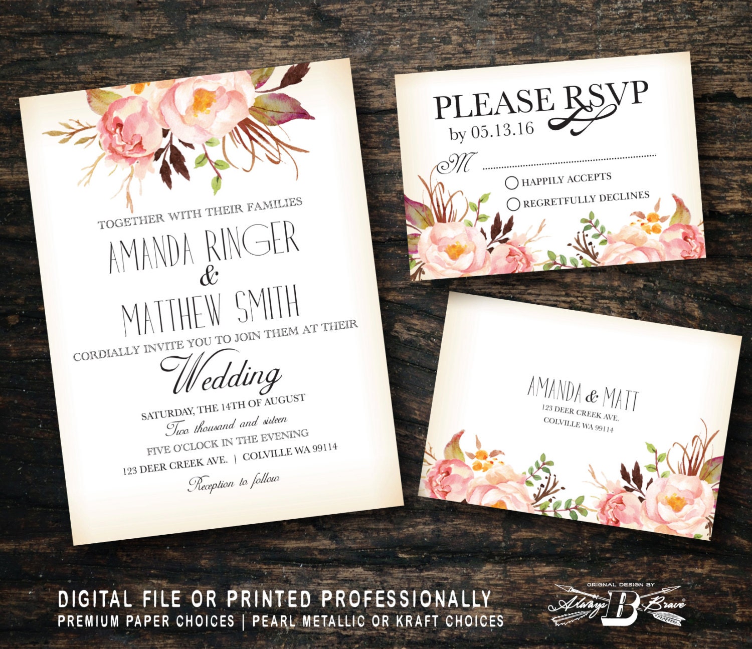 Vintage Floral Wedding Invitation SET Rustic Wedding