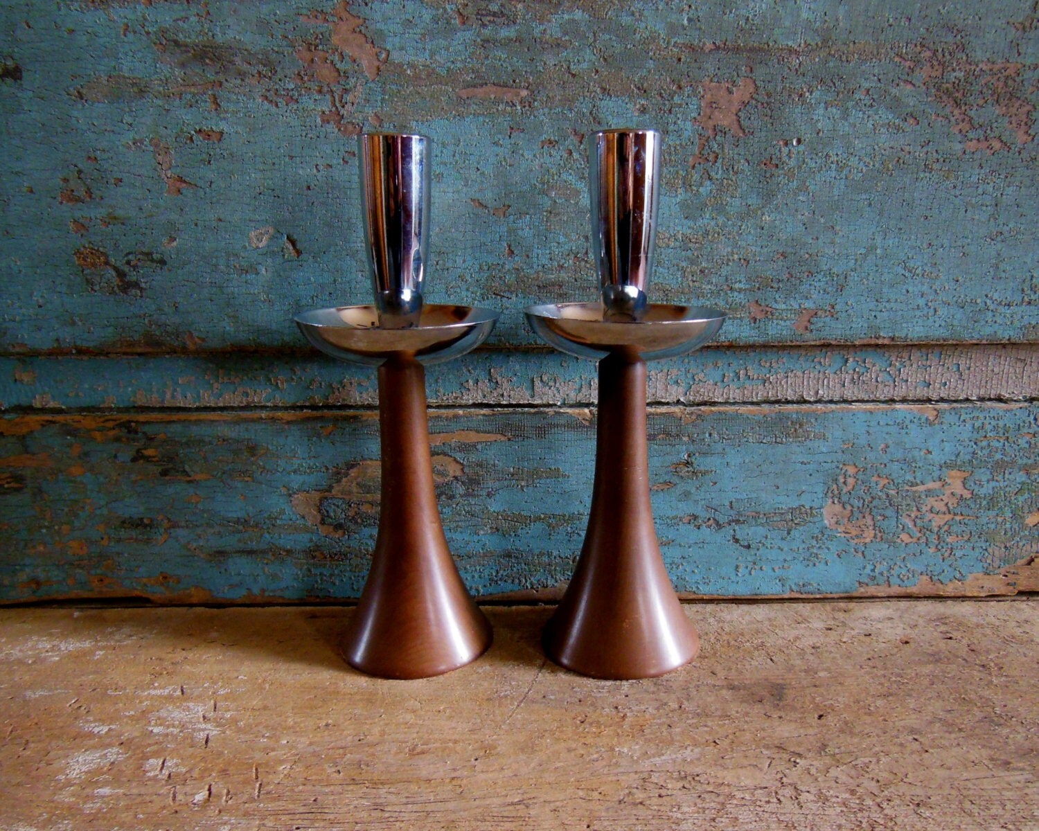 Candle Holders Vintage Danish Modern Mid Century Walnut Chrome