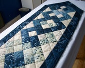 Blue Batik Table Runner Interlocking Squares Cheerful Winter Handmade Quilted Blue Batik Table Runner Interlocking Squares Cheerful Winter Handmade Quilted