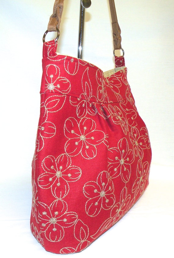 Shoulder Bag in Red Fabric with Embroidered by bagsbystacey