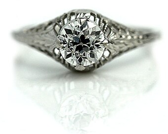 Antique Engagement Ring Art Deco Engagement Ring Old .75 Ct European Cut Diamond Filigree Solitaire 14kt WG Art Deco Diamond Wedding Ring