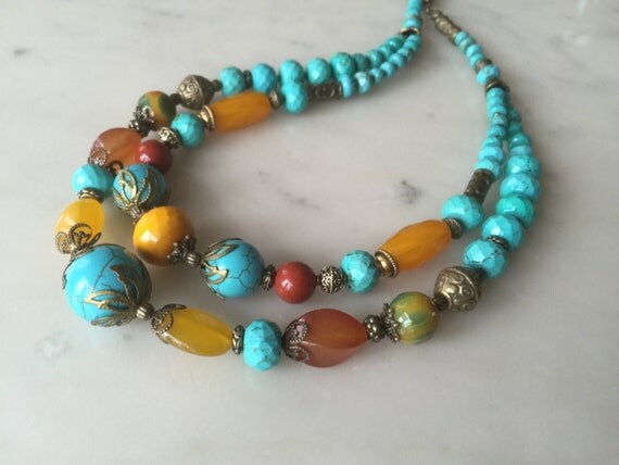 Blue turquoise chunky necklace earrings set multi color teal