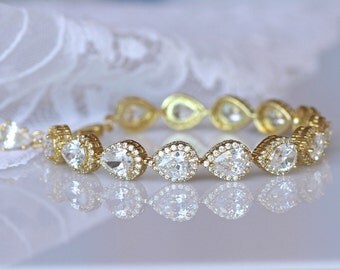 Gold Teardrop Crystal Bracelet, Gold Bridal Bracelet, Gold Bridal Jewelry, Teardrop Wedding Bracelet, TAMARA G