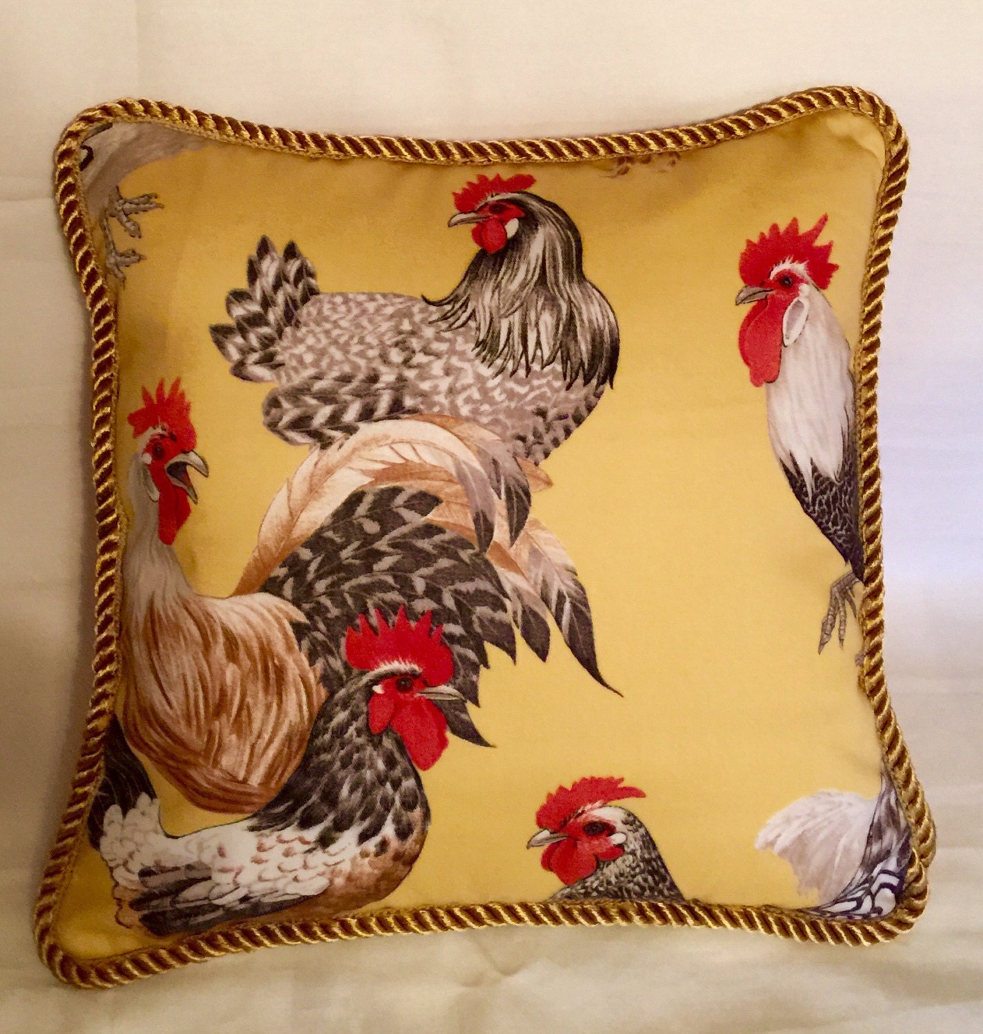 Country French Cottage Rooster Pillow Provence Check Blue