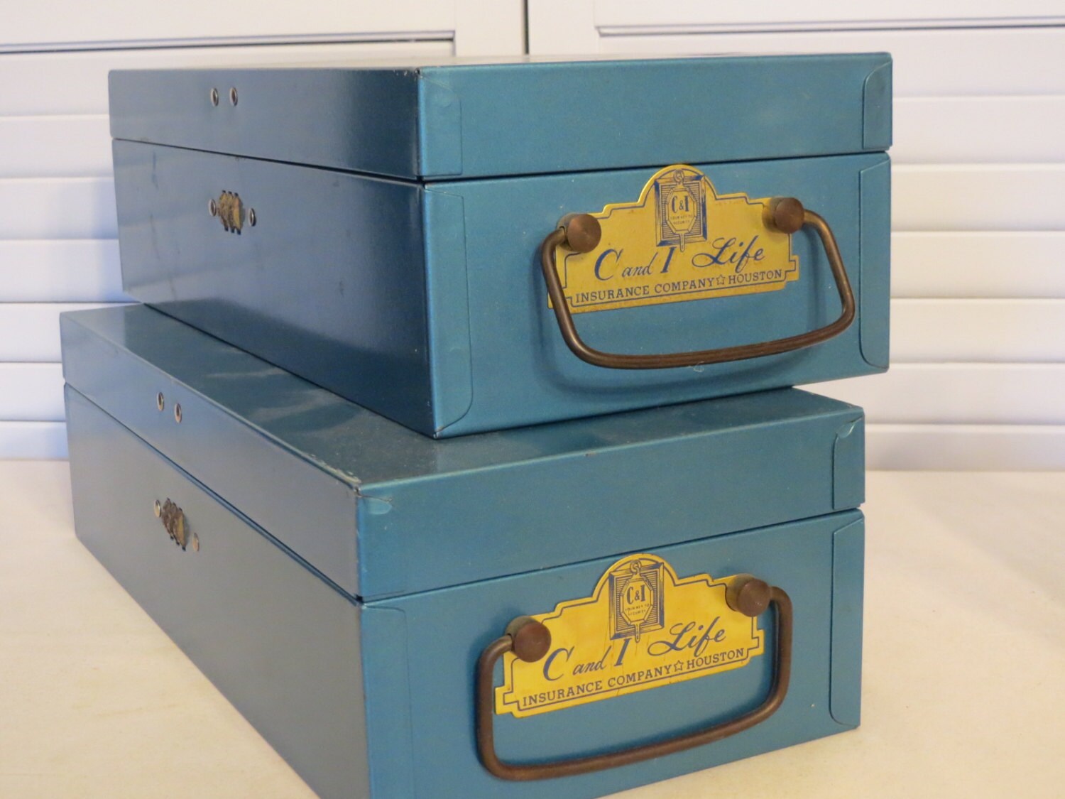 vintage Metal Boxes in Industrial Steel Document or Policy Box set