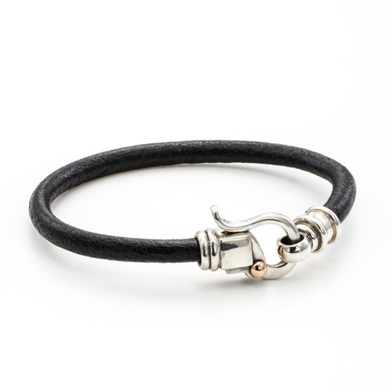 SILVER LEATHER BRACELET, brown leather, silver clasps, israeli designer, handmade jewelry, dot gold clasps Personalized, silver jewelry