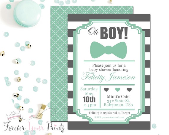 Striped GREY + MINT Baby Shower Invitations, Baby Shower Invitations Boy, Gray Baby Shower, Mint Baby Shower, Boys Baby Shower Invites Il_570xn