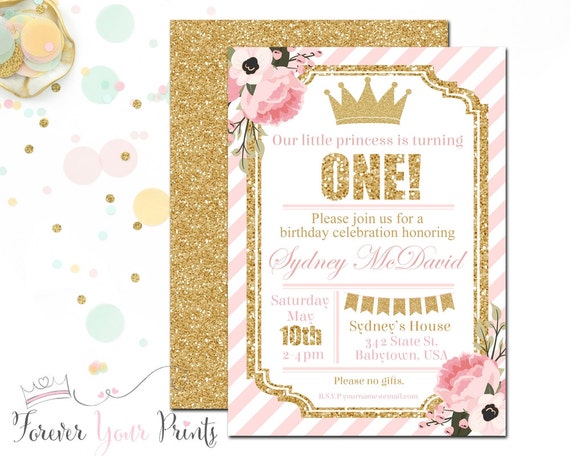 PINK AND GOLD Princess Birthday Invitation, Princess Party Invitation, Girls 1st Birthday Party Invitation, Floral Birthday Invitation Il_570xn