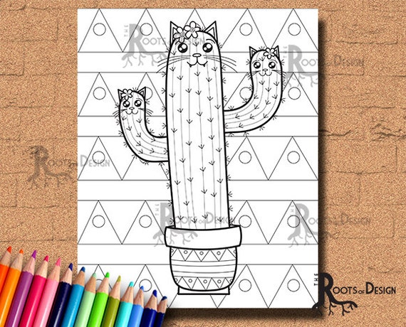 Download INSTANT DOWNLOAD Cute Cat-tus Cactus Coloring Coloring Page