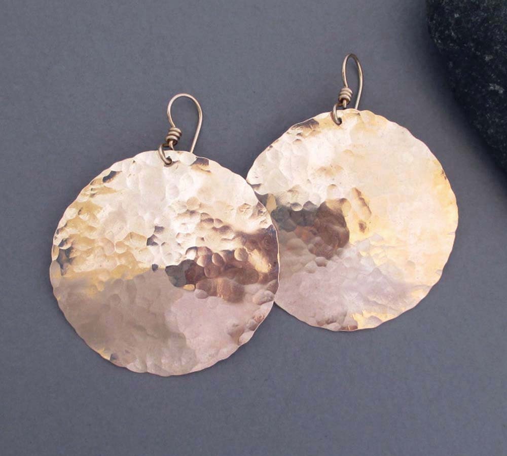 Large Hammered Bronze Disc Earrings Artisan Handmade Jewelry