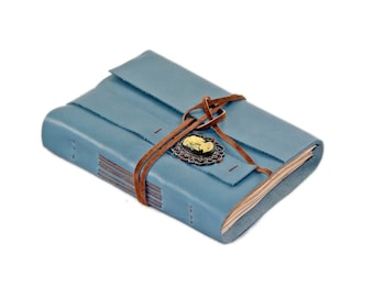 BLue Leather Journal - Tea Stained Paper - Travel Journal - Leather Journal - Gothic - Bookmark - Journal - Handmade - Ready To Ship -