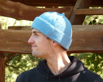 Knitted sailor hat, man beanie hat, wool sailors cup, light blue sailors hat