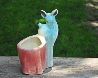 Deer Planter Tree Stump Blue Ceramic Vintage Indoor Outdoor Home Decor USA 535