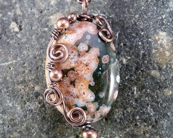 Wire Wrapped Ocean Jasper Pendant Necklace, Copper.