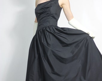 one shoulder black ball gown