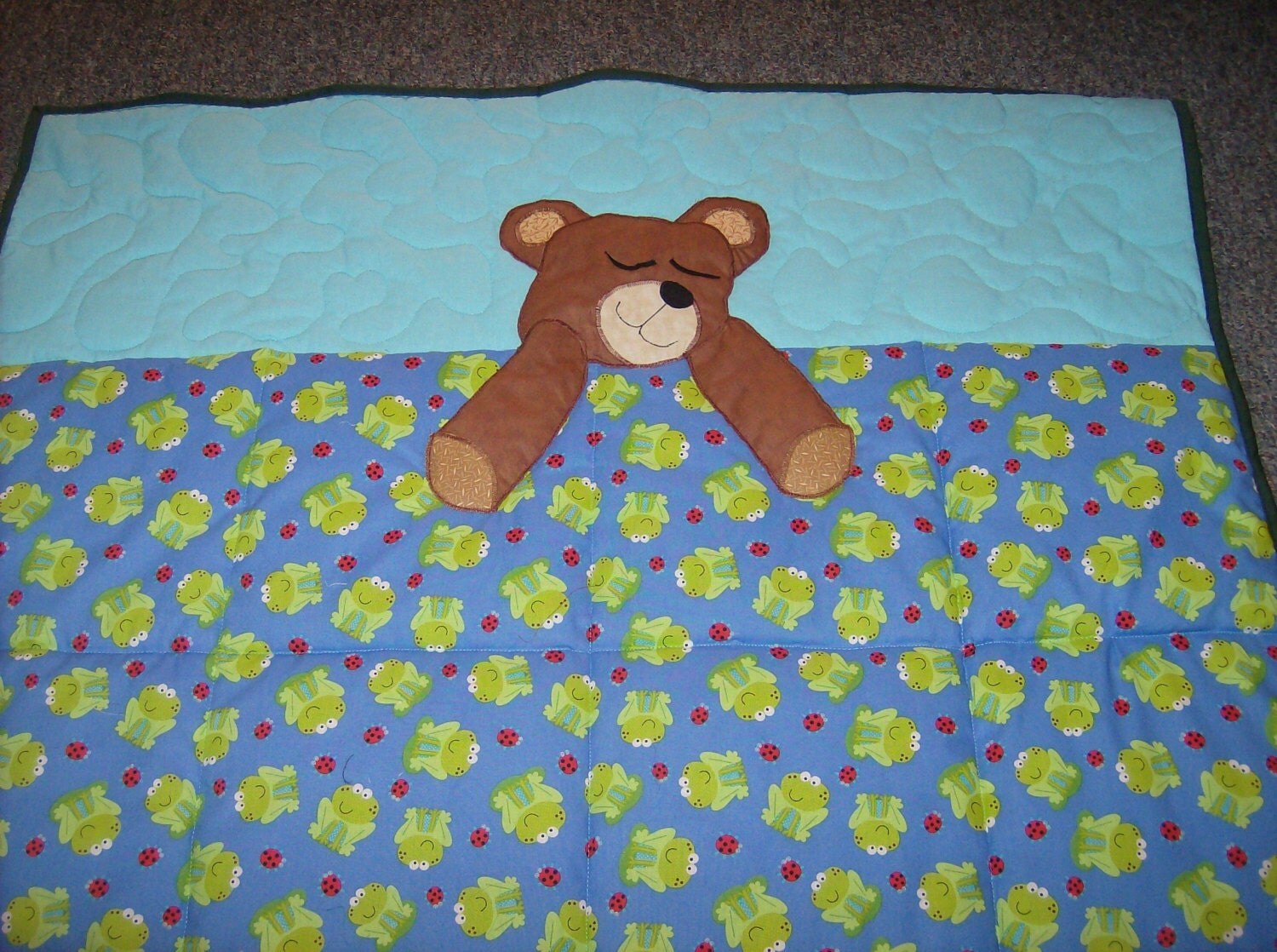 Sleepy Teddy Bear Baby Quilt with frogs by customsewingbyelaine