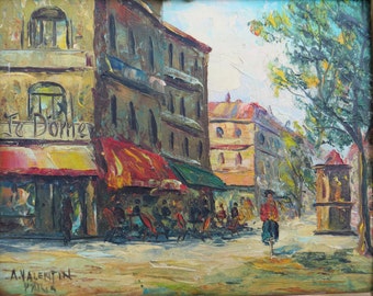 Vintage Oil Painting SIGNED Impressionism / Je Dome restaurant Paris / A Valentin / Frame as is