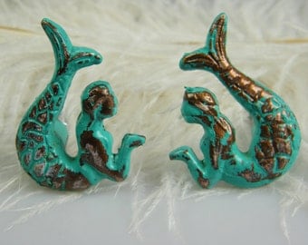 Mermaid Drawer Pulls Knobs / set of 2 opposite facing mermaids Nautical Furniture Cabinet Knobs / Sea Ocean theme Nursery / Pick Your Color