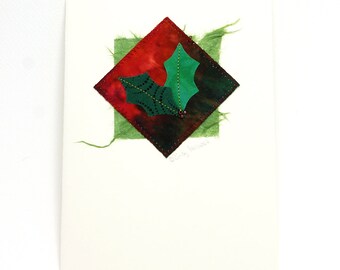 Greeting Card Fiber Art Holly Green Red