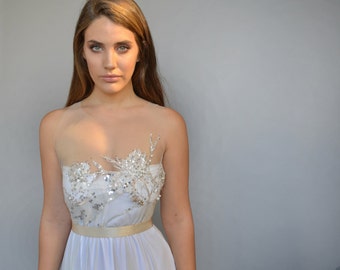 Boho wedding dress, beaded embroidery, open back wedding dress