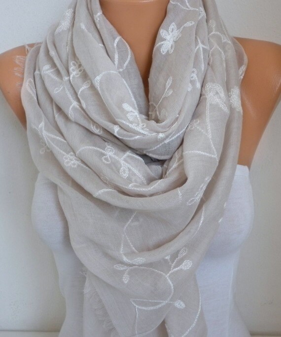 Neutral Beige Cotton Embroidered Scarf Soft Bridal Shawl