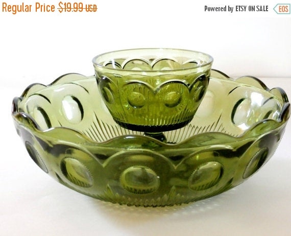 vintage green depression glass chip and dip bowl~ antique retro hors d ...