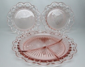 ANCHOR HOCKING Lace Edge pink grill plate and two salad plates