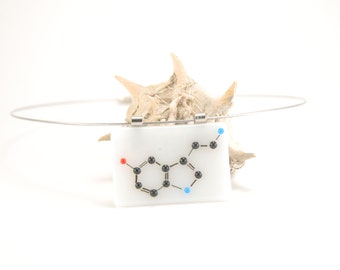 Serotonin molecule necklace, white biochemistry glass pendant with CPK colored molecule, science jewelry