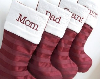 Russet Red Satin Stripes - Personalized Christmas Stocking - Wine Color