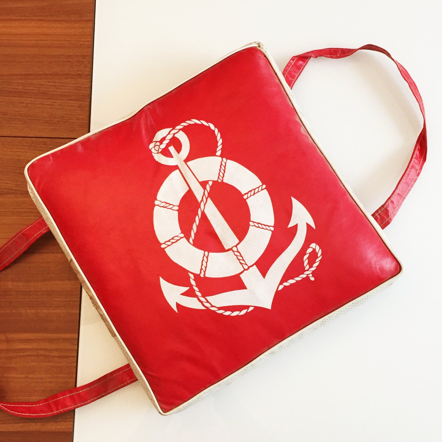 Vintage Boat Cushion Red Anchor Pillow Life Preserver