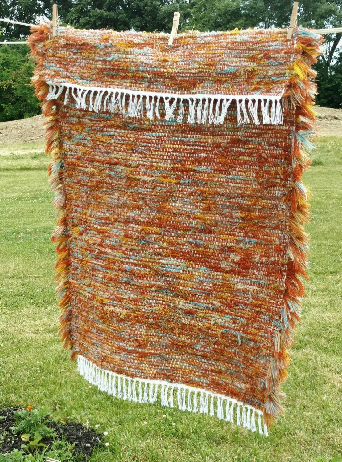 Amish Rag Rug in Brilliant Orange Turquoise by happydayantiques
