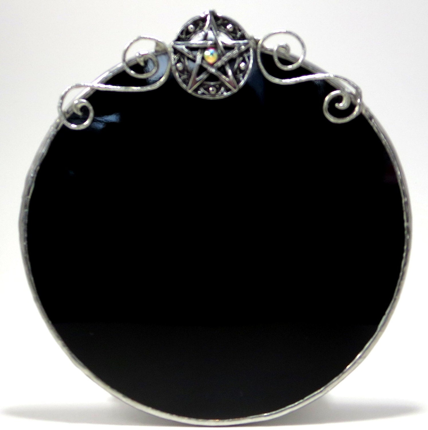 Scrying Mirror with Pentacle / Round Black Mirror Wall Decor