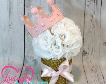 Princess Party Centerpiece, Perfect for Any Event - Baby Pink, White & Glitter Gold - White Rose Pomander, Baby Shower, Princess Party