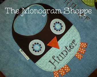 Owl Bib Quilted Embroidered With Snap Closure - Unique - For Baby and Children
