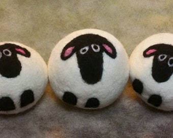 3 Wool Dryer Balls, Sheep, Black & White, Set of 3, Eco Friendly, Natural, Farm Animals