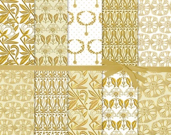 DIGITAL PAPER GOLD:Digital Paper Floral, Great Gatsby Digital Paper, 50th Anniversary Digital Paper, Gold Art Nouveau Paper, #15020