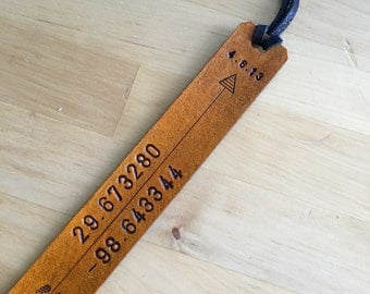 Leather Bookmark Longitude Latitude Bookmark with Date GPS Coordinates Bookmark Arrow Date Bookmark Personalized Gift 3rd Anniversary Gift