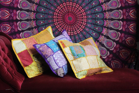 YELLOW SCATTER CUSHION- Indian Cushion- Sari Fabric- Vintage Pillow- Ethnic cushion- Bohemian Decor- Homeware- Bedding- Hippie Accessories