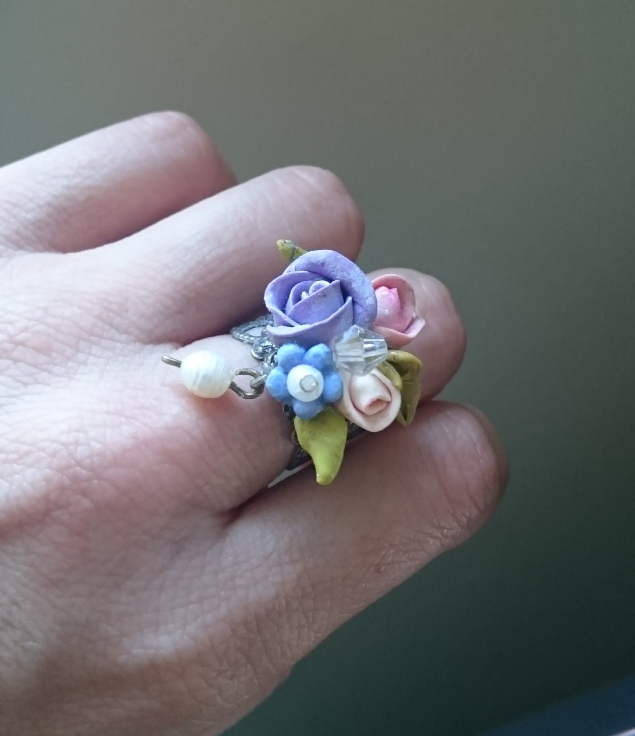 Flower ring .Pastel jewelry Pastel ring. Polymer clay jewelry.