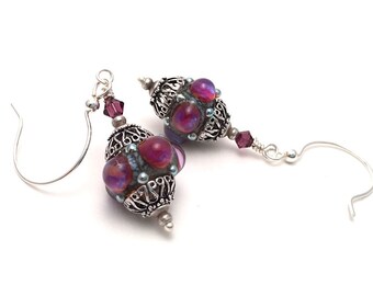 Purple Crown Jewels Lampwork Glass Earrings - Bumpy Lampwork Earrings - Elegant Victorian Earrings - Sterling Silver Earrings - SRAJD 3955