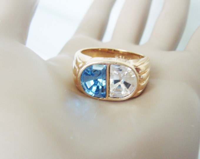 Designer Signed 18KT Gold Electroplate Mens Ring / CZ Stones / Sapphire Blue / Vintage Jewelry / Jewellery