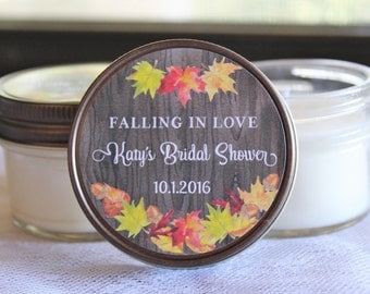 Set of 12 - 4 oz Fall Bridal Shower Candle Favor//Autumn Shower Favor//Falling In Love Favor//Fall Leaf Favor//Personalized Soy Candle Favor