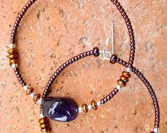 Amethyst Hoops, Purple Hoops, Amethyst Earrings, Beaded Hoops