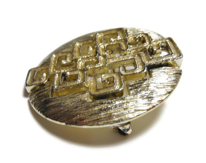 Coro modernist brooch, 1960s geometric cutout shapes in round wavy textured brooch, cubism design, Modrian squares, gold textured, mod