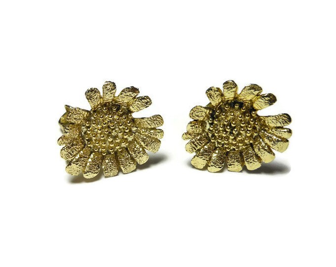 FREE SHIPPING Gold sunflower earrings, beautifully textured gold plated daisy figural clip earrings