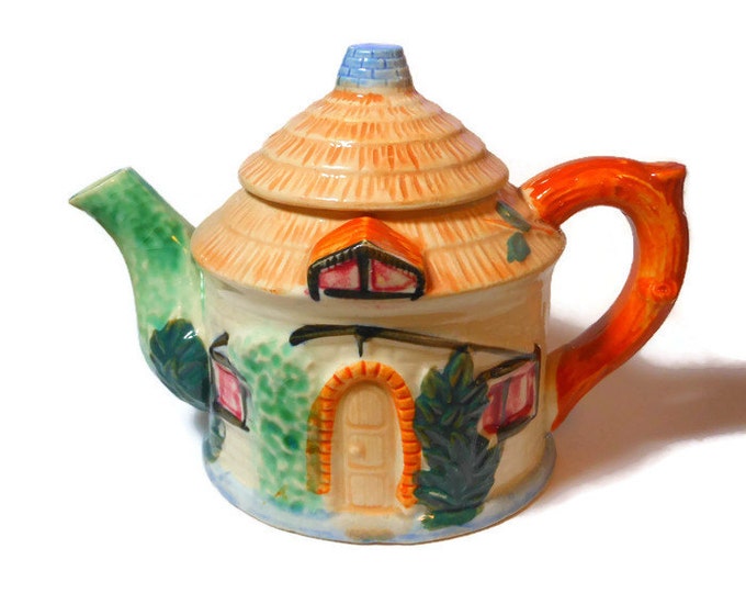 Hand painted tea set, 1940s cottage ware, made in occupied Japan, thatched cottage teapot, creamer and sugar bowl, English or Irish cottage!