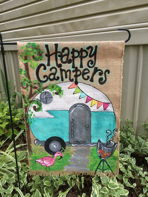 Handpainted Burlap Happy Camper Garden Flag