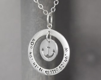Silver Coordinate Necklace, Anchor Necklace, Sterling Silver Necklace, Stamped Coordinate Jewelry Latitude Longitude Necklace, Special Place